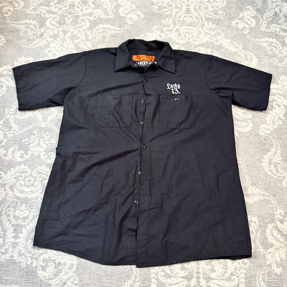 Lucky 13 Red Kap Work Shirt Men's L Black Short Sleeve Button-Up Hot Rod